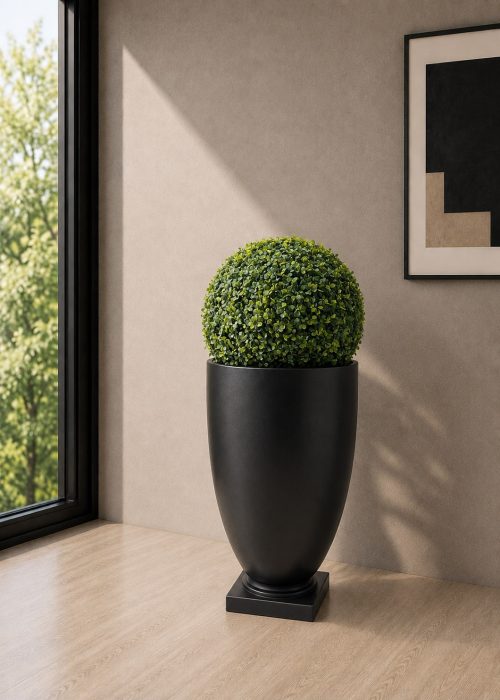 Boxwood Topiary Ball (PL1142) With Black Fiber Urn