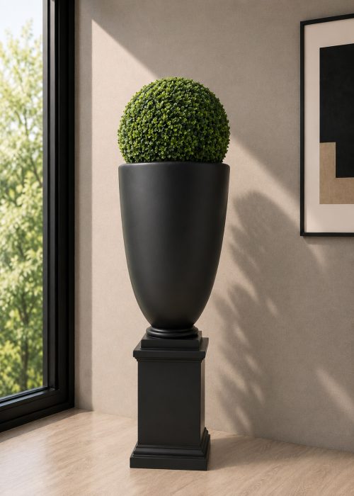 Boxwood Topiary Ball (PL1150) With Black Fiber Urn & Pedstal