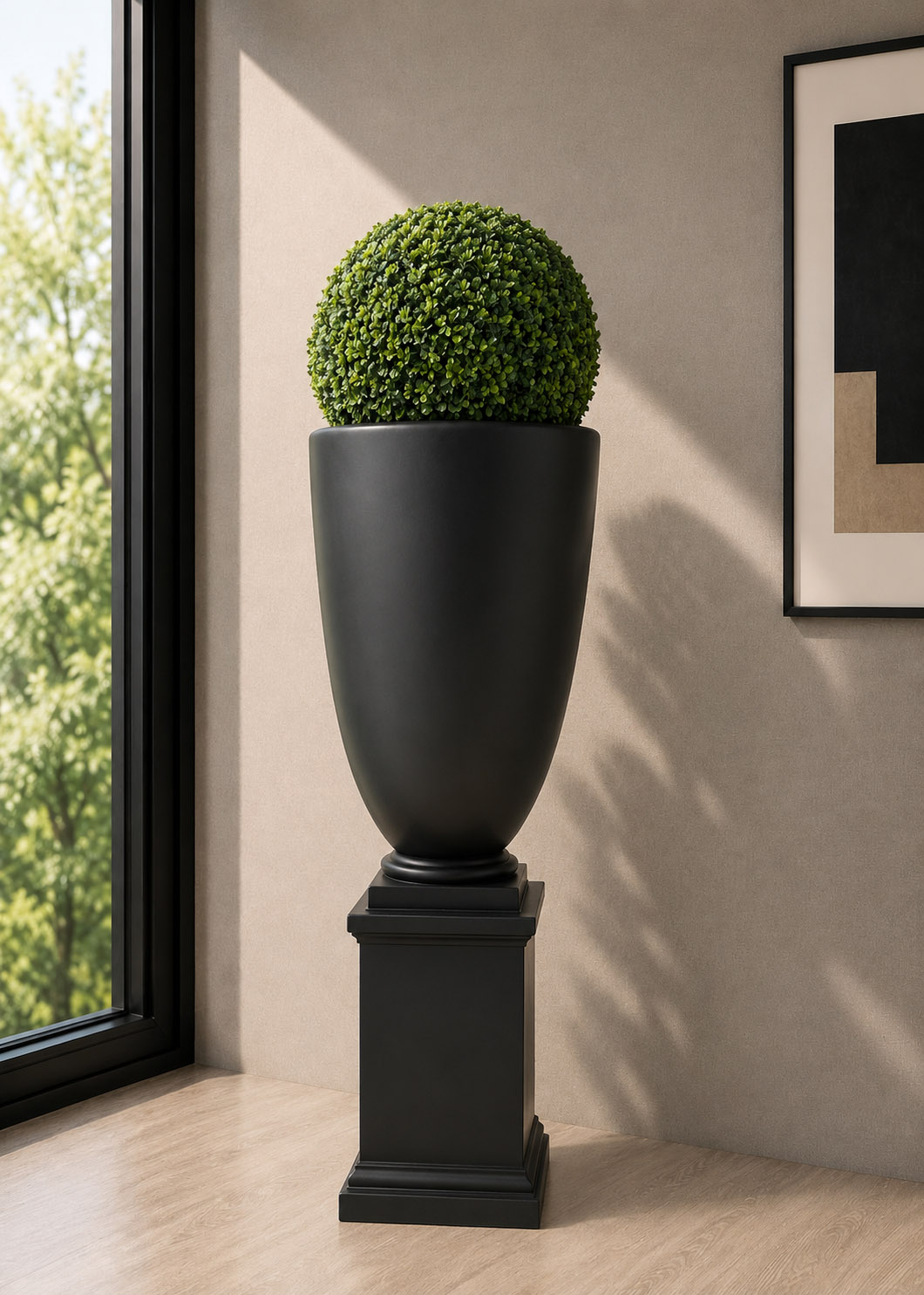Boxwood Topiary Ball (PL1150) With Black Fiber Urn & Pedstal